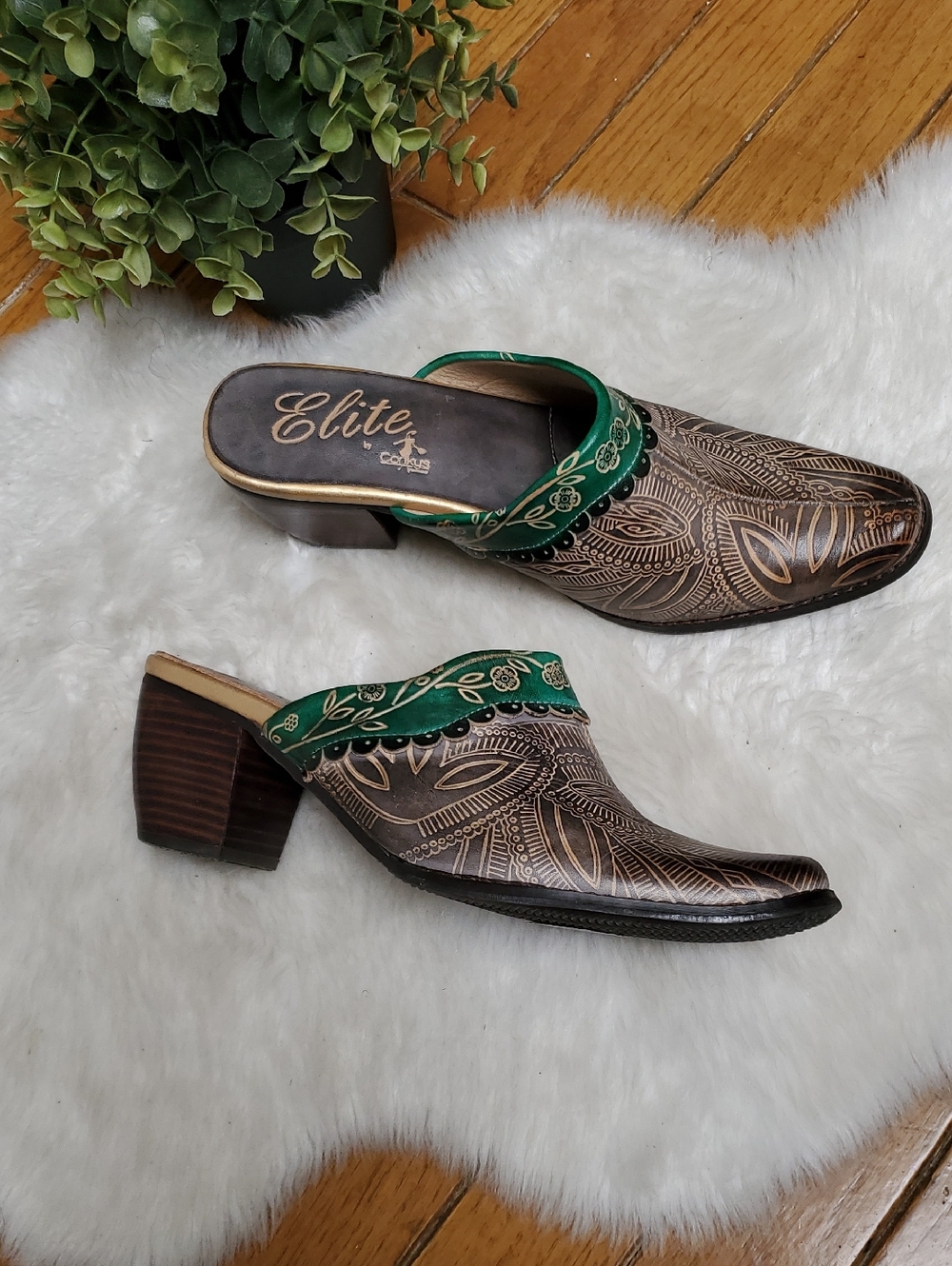 Corky's Elite Scroll Leather Mule Heels with Embroidered Green Trim